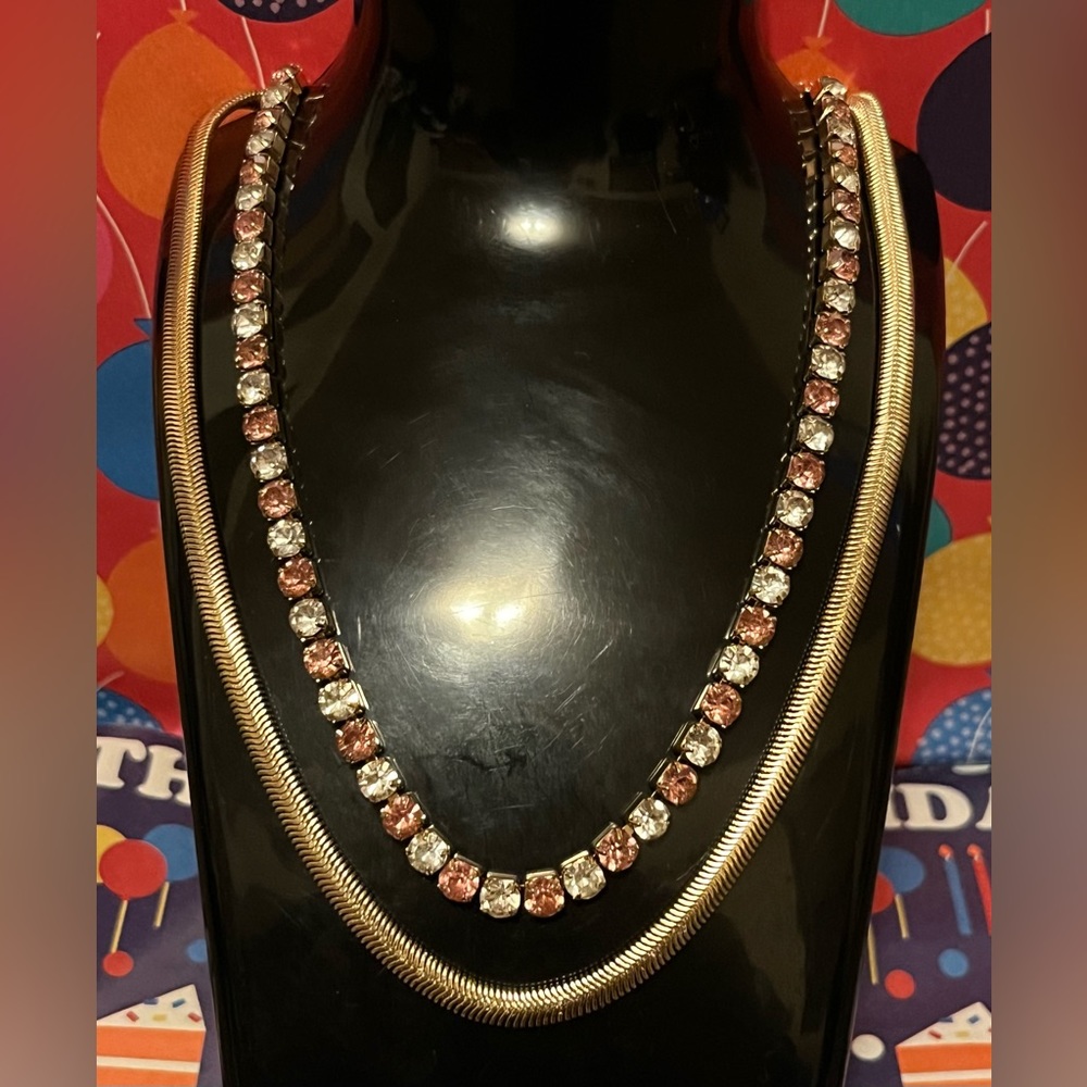 2-Necklaces 1 Gold Rope/Pink & White Sapphire Gold Worn As 1 R 2 Necklace